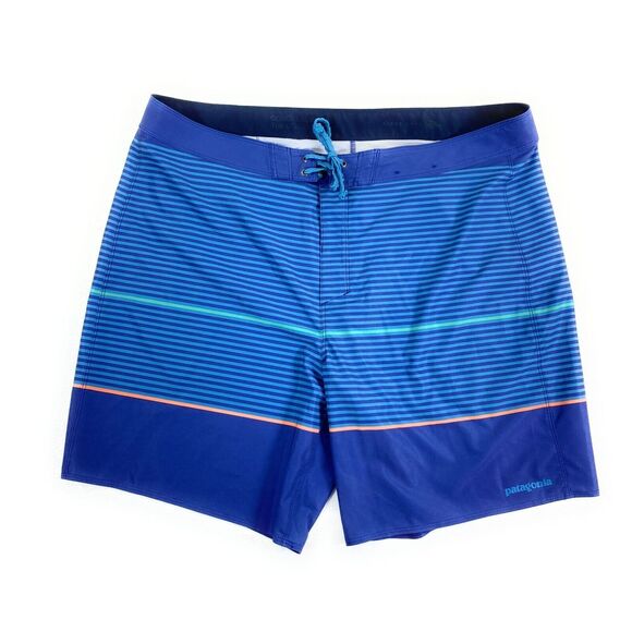 Patagonia Men Hydropeak Slim Fit Tie Closure Surfing Blue Stripe Board Shorts 38 - Picture 1 of 10